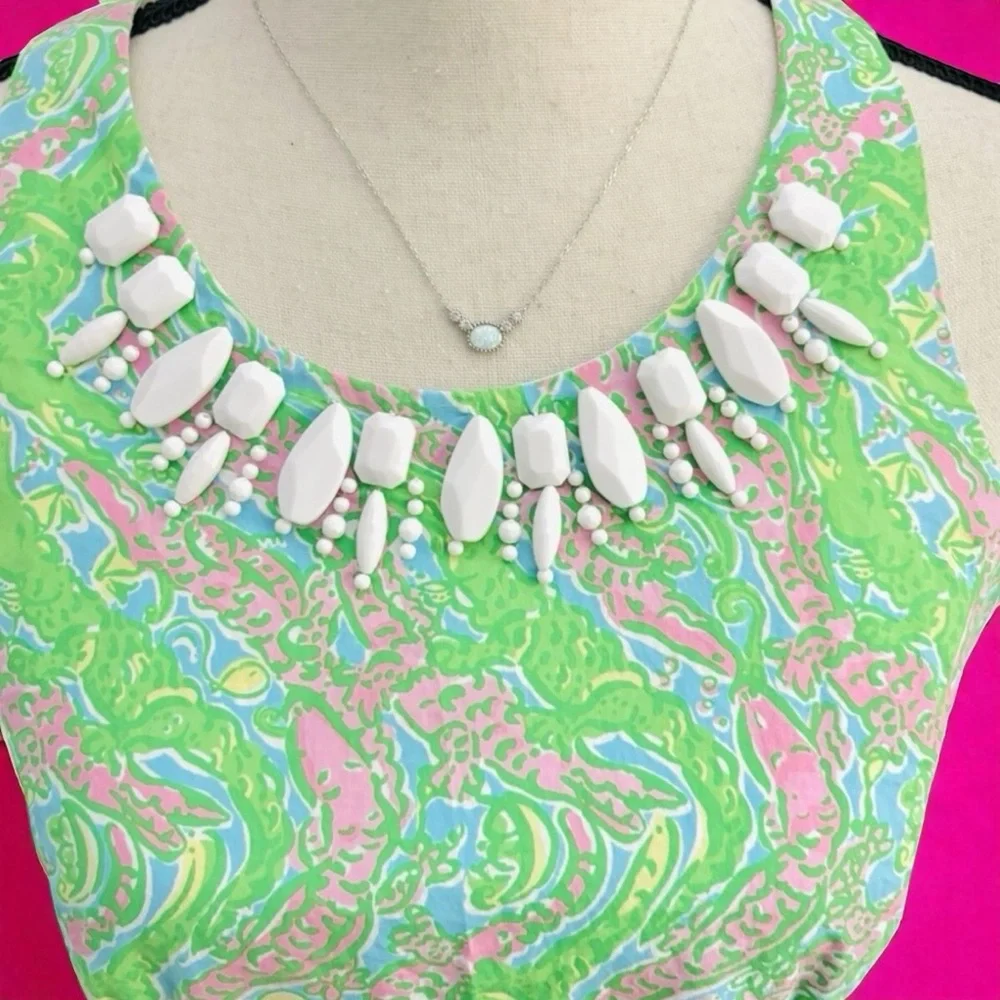 Lilly Pulitzer Pearl Shift Dress Chomp Chomp Alligator Print Green Pink Size 8 - Picture 4 of 6